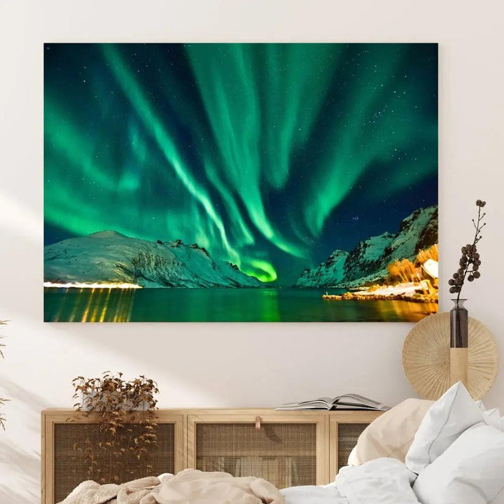 The living room showcases the Northern Lights Wall Art Canvas Print, crafted on museum-quality canvas with a UV-protective coating.