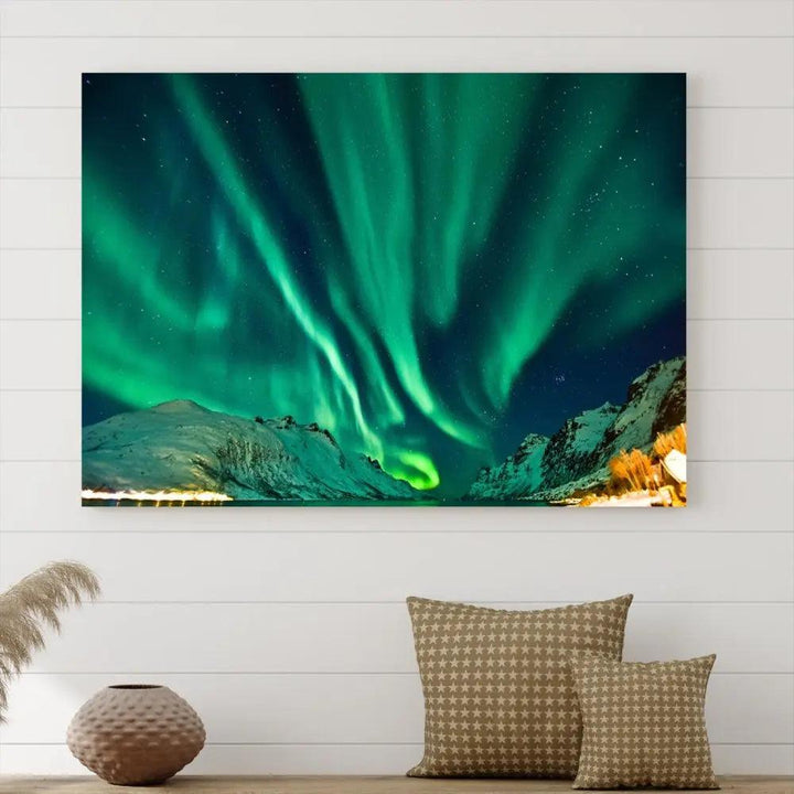 The living room showcases the Northern Lights Wall Art Canvas Print, crafted on museum-quality canvas with a UV-protective coating.