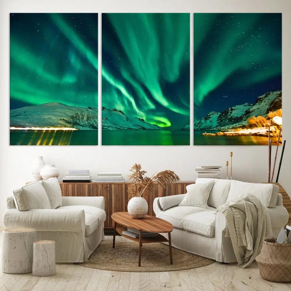 The living room showcases the Northern Lights Wall Art Canvas Print, crafted on museum-quality canvas with a UV-protective coating.