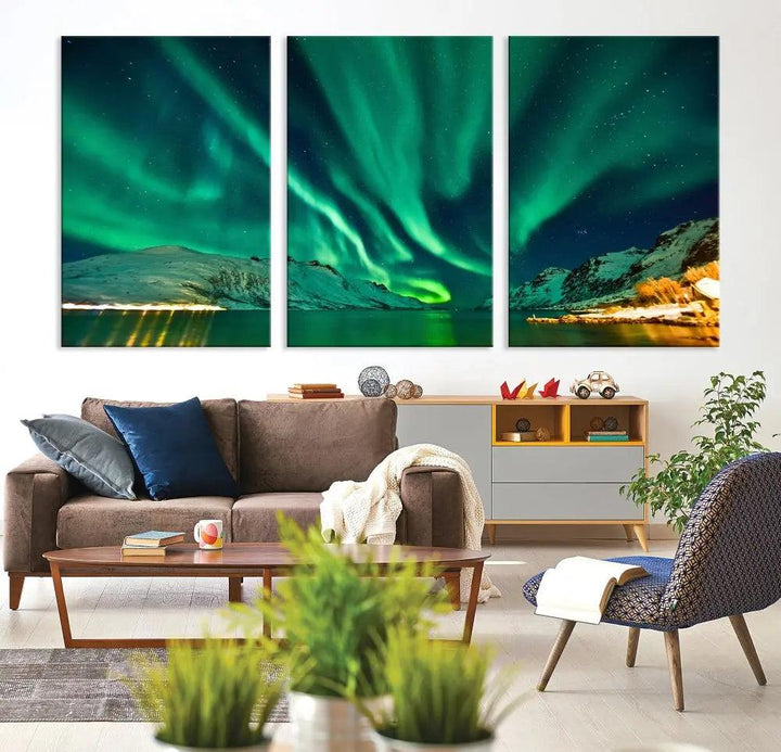 The living room showcases the Northern Lights Wall Art Canvas Print, crafted on museum-quality canvas with a UV-protective coating.