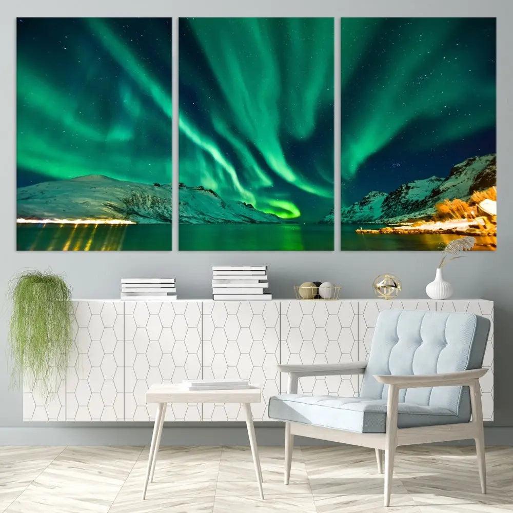 The living room showcases the Northern Lights Wall Art Canvas Print, crafted on museum-quality canvas with a UV-protective coating.