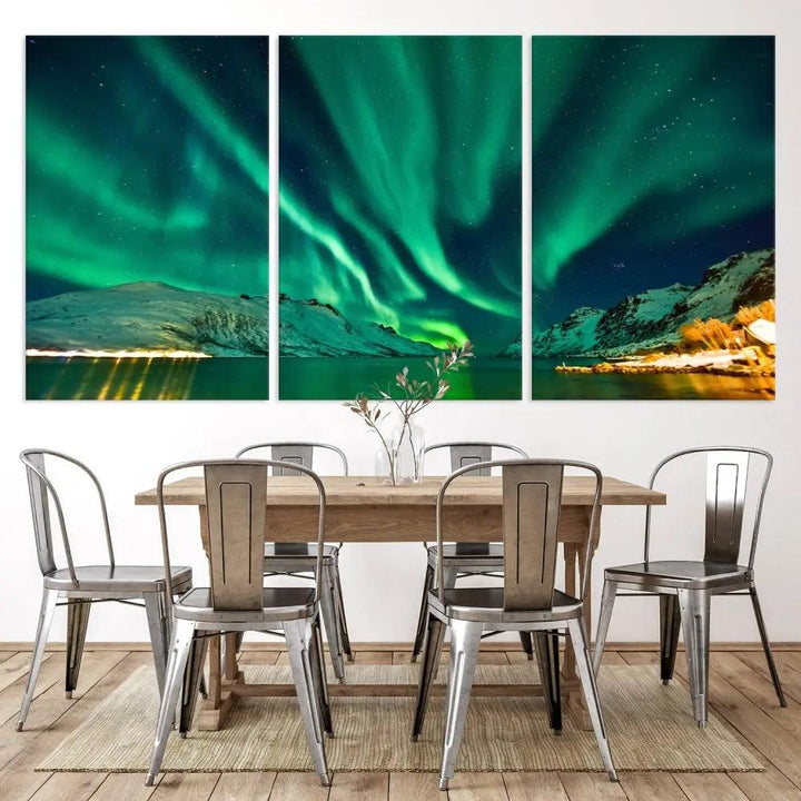 The living room showcases the Northern Lights Wall Art Canvas Print, crafted on museum-quality canvas with a UV-protective coating.