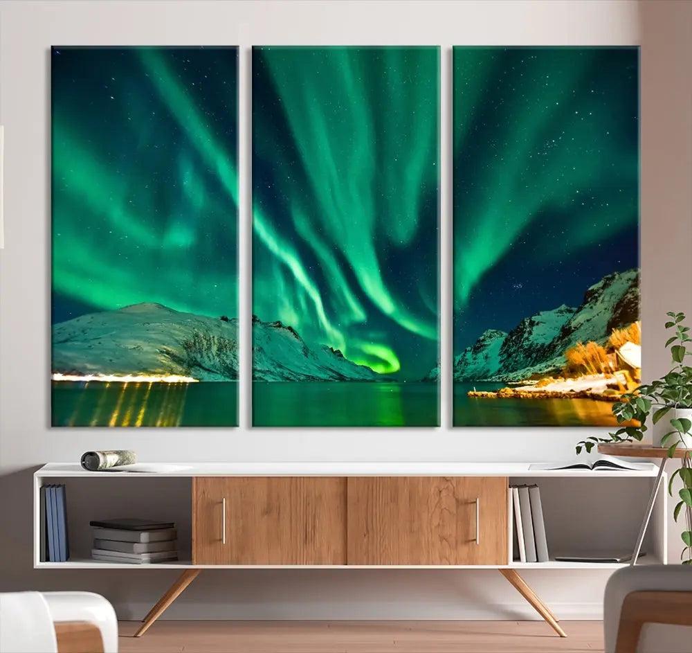 The living room showcases the Northern Lights Wall Art Canvas Print, crafted on museum-quality canvas with a UV-protective coating.