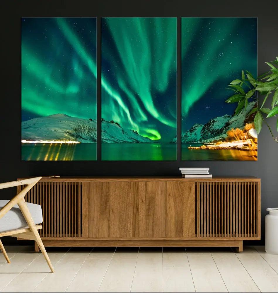 The living room showcases the Northern Lights Wall Art Canvas Print, crafted on museum-quality canvas with a UV-protective coating.