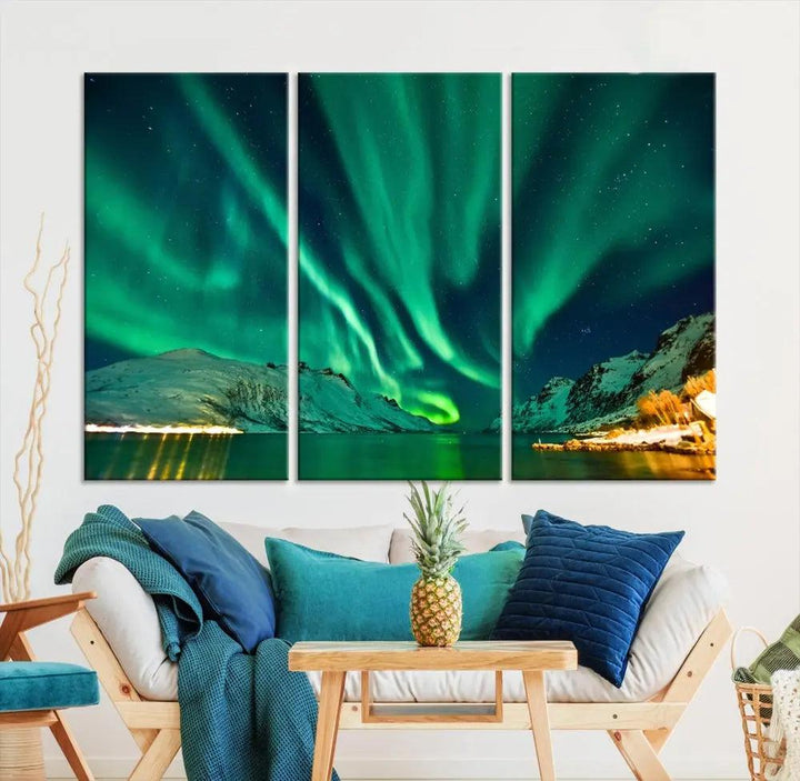 The living room showcases the Northern Lights Wall Art Canvas Print, crafted on museum-quality canvas with a UV-protective coating.