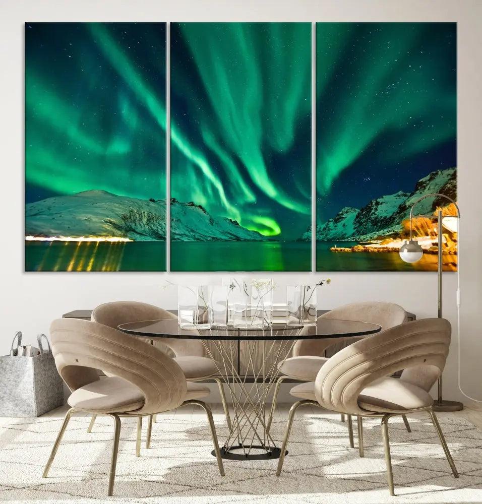 The living room showcases the Northern Lights Wall Art Canvas Print, crafted on museum-quality canvas with a UV-protective coating.