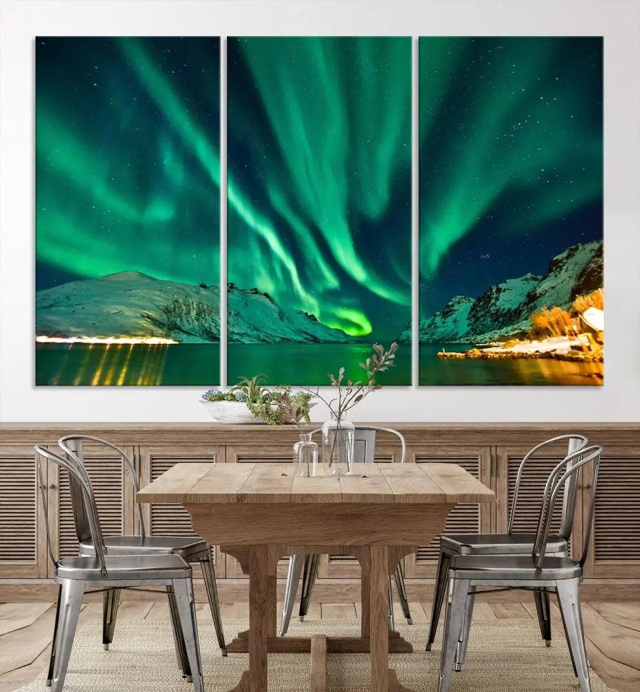 The living room showcases the Northern Lights Wall Art Canvas Print, crafted on museum-quality canvas with a UV-protective coating.