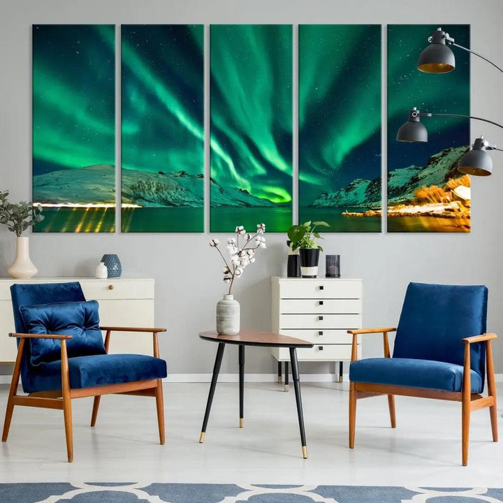 The living room showcases the Northern Lights Wall Art Canvas Print, crafted on museum-quality canvas with a UV-protective coating.