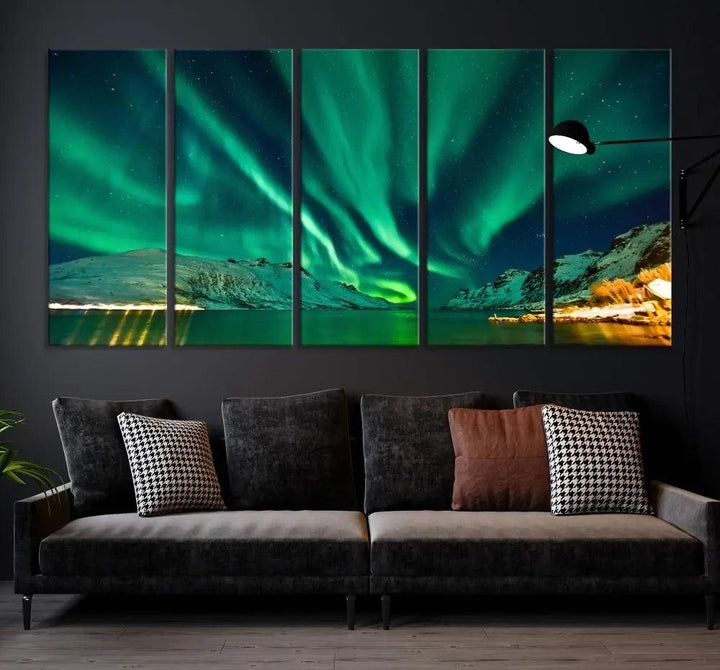 The living room showcases the Northern Lights Wall Art Canvas Print, crafted on museum-quality canvas with a UV-protective coating.