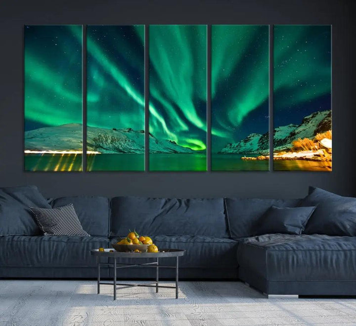 The living room showcases the Northern Lights Wall Art Canvas Print, crafted on museum-quality canvas with a UV-protective coating.