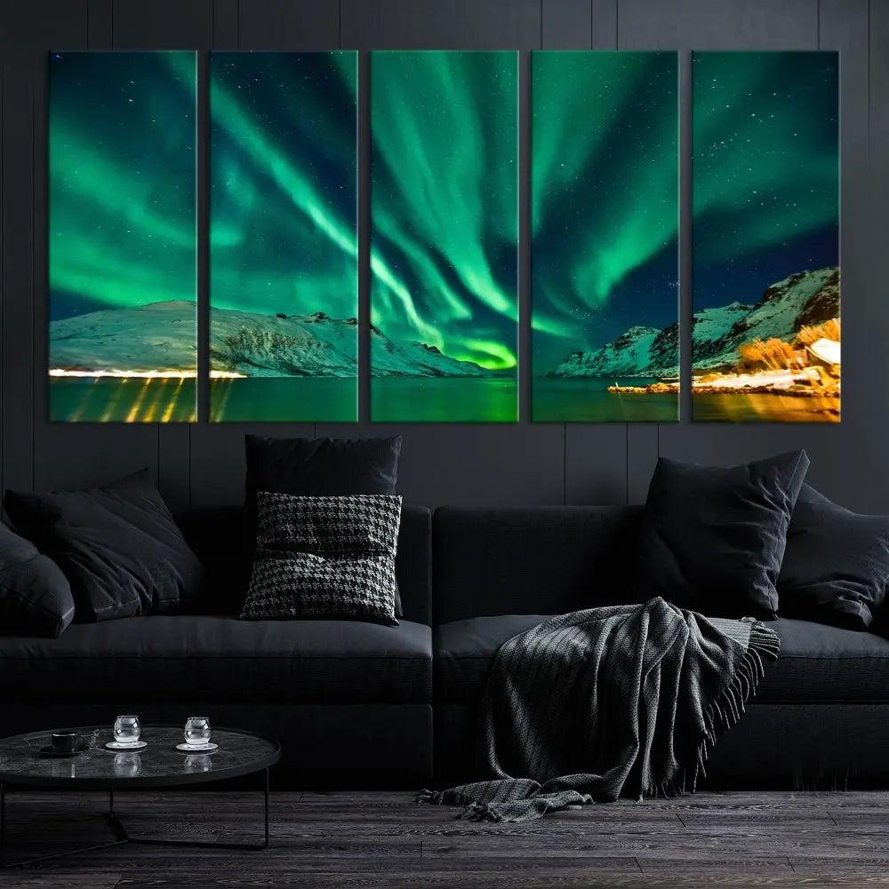 The living room showcases the Northern Lights Wall Art Canvas Print, crafted on museum-quality canvas with a UV-protective coating.