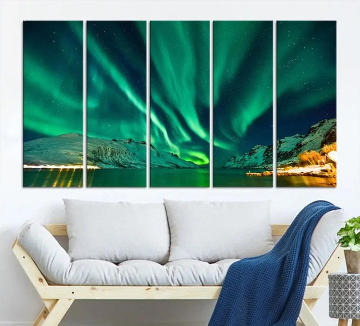 The living room showcases the Northern Lights Wall Art Canvas Print, crafted on museum-quality canvas with a UV-protective coating.