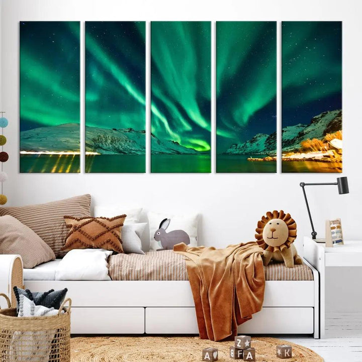 The living room showcases the Northern Lights Wall Art Canvas Print, crafted on museum-quality canvas with a UV-protective coating.