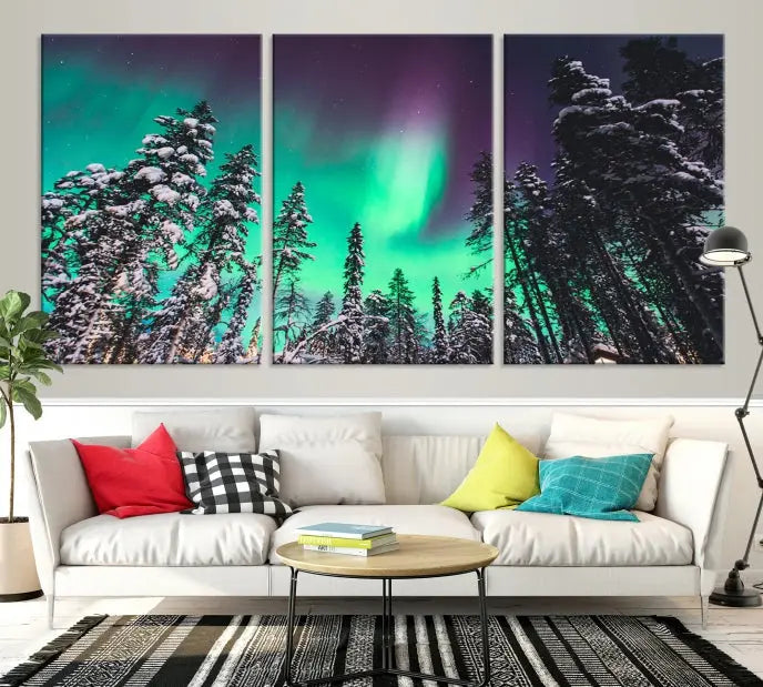 The living room is highlighted by the "Northern Lights Wall Art Canvas Print," which showcases a snowy forest scene and the northern lights above.