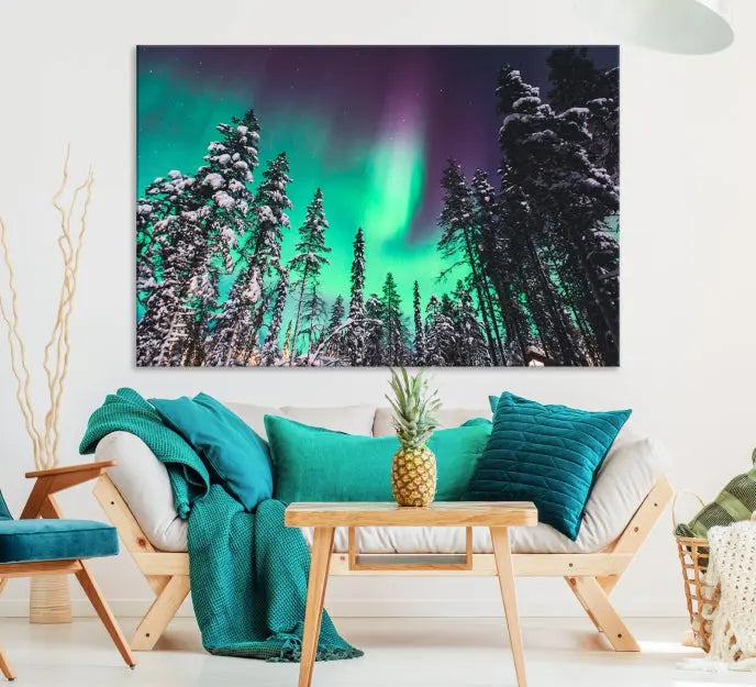 The living room is highlighted by the "Northern Lights Wall Art Canvas Print," which showcases a snowy forest scene and the northern lights above.