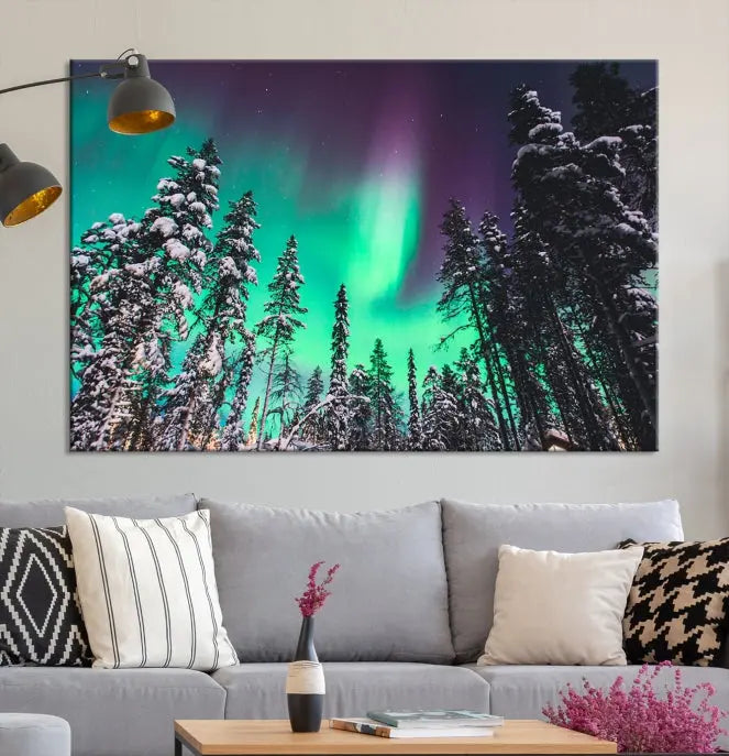 The living room is highlighted by the "Northern Lights Wall Art Canvas Print," which showcases a snowy forest scene and the northern lights above.