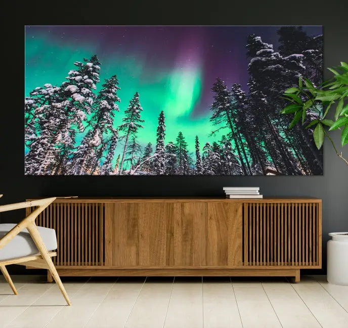 The living room is highlighted by the "Northern Lights Wall Art Canvas Print," which showcases a snowy forest scene and the northern lights above.