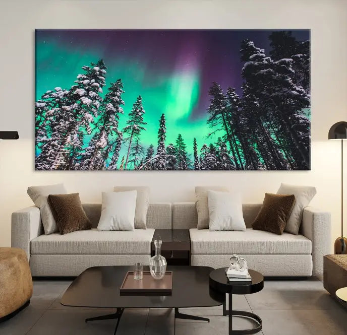 The living room is highlighted by the "Northern Lights Wall Art Canvas Print," which showcases a snowy forest scene and the northern lights above.