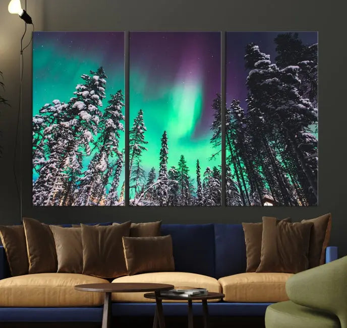 The living room is highlighted by the "Northern Lights Wall Art Canvas Print," which showcases a snowy forest scene and the northern lights above.