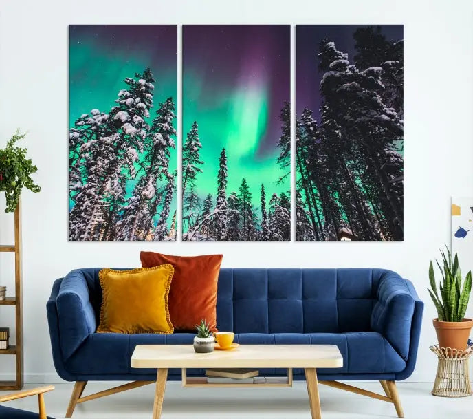 The living room is highlighted by the "Northern Lights Wall Art Canvas Print," which showcases a snowy forest scene and the northern lights above.