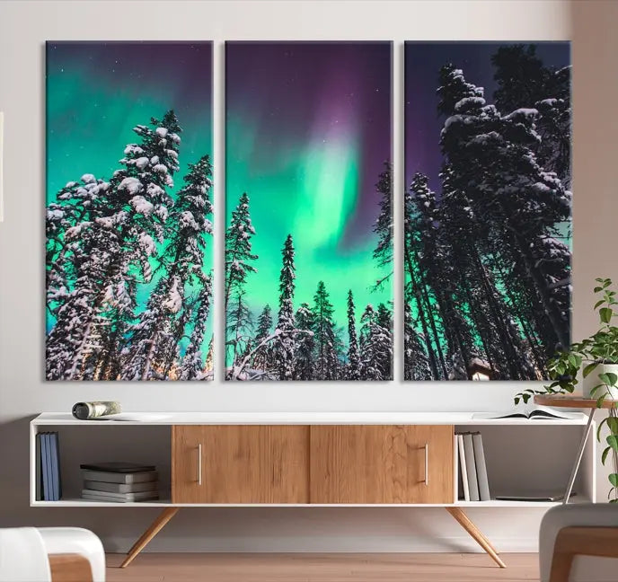 The living room is highlighted by the "Northern Lights Wall Art Canvas Print," which showcases a snowy forest scene and the northern lights above.