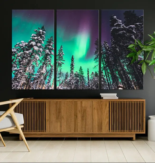 The living room is highlighted by the "Northern Lights Wall Art Canvas Print," which showcases a snowy forest scene and the northern lights above.