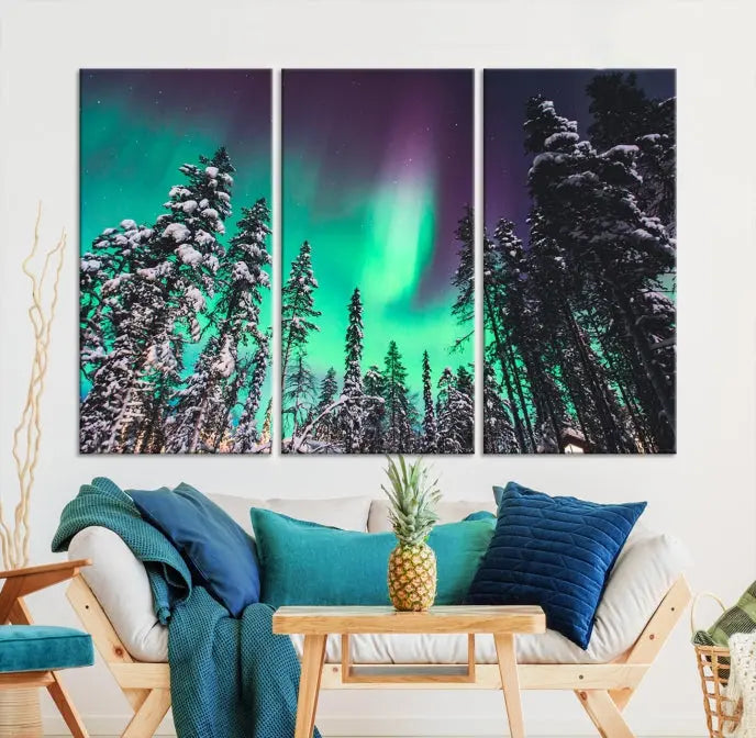 The living room is highlighted by the "Northern Lights Wall Art Canvas Print," which showcases a snowy forest scene and the northern lights above.