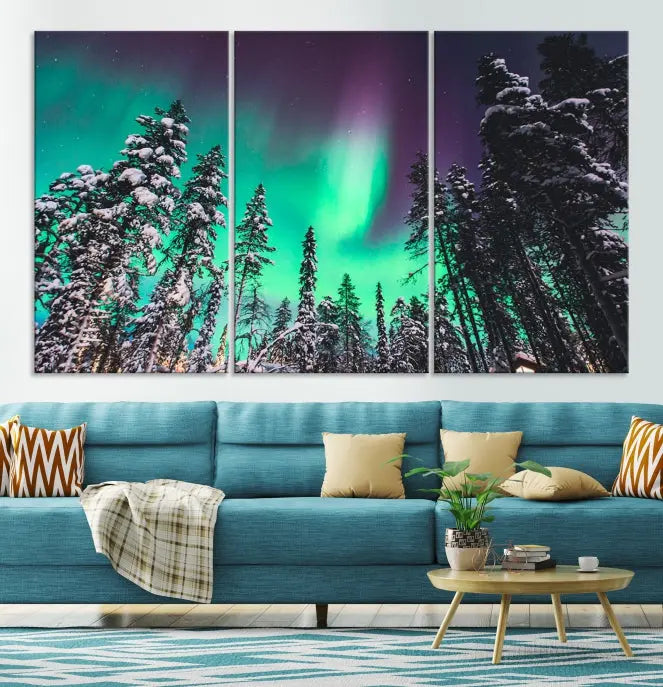 The living room is highlighted by the "Northern Lights Wall Art Canvas Print," which showcases a snowy forest scene and the northern lights above.