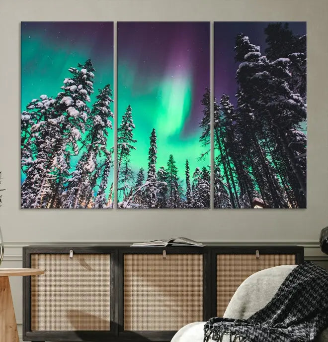 The living room is highlighted by the "Northern Lights Wall Art Canvas Print," which showcases a snowy forest scene and the northern lights above.