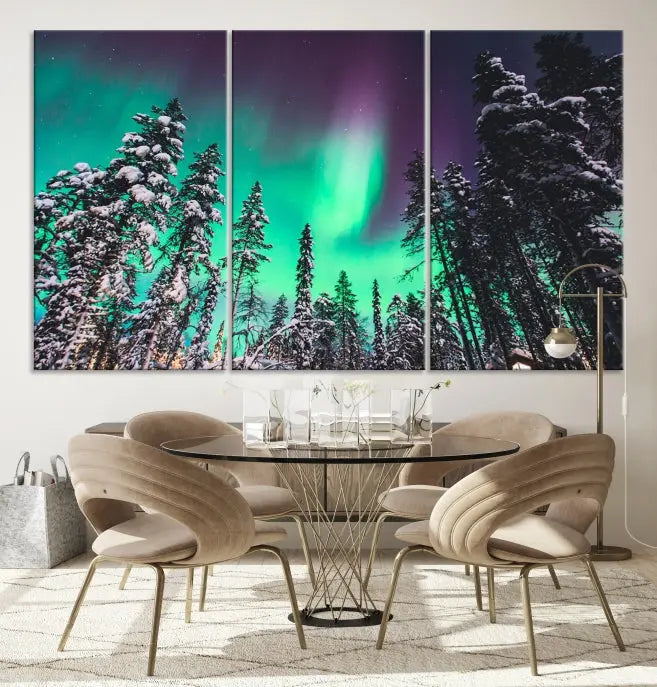 The living room is highlighted by the "Northern Lights Wall Art Canvas Print," which showcases a snowy forest scene and the northern lights above.