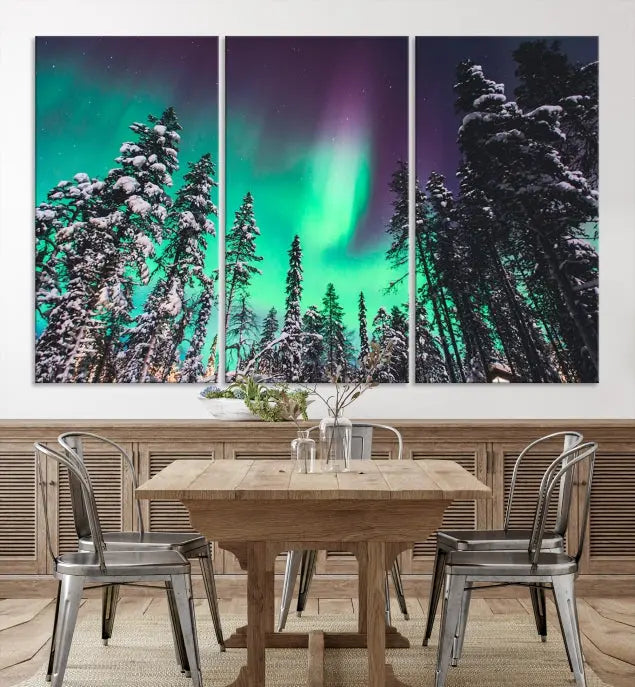 The living room is highlighted by the "Northern Lights Wall Art Canvas Print," which showcases a snowy forest scene and the northern lights above.