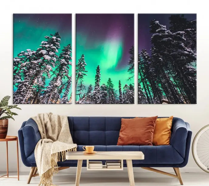 The living room is highlighted by the "Northern Lights Wall Art Canvas Print," which showcases a snowy forest scene and the northern lights above.