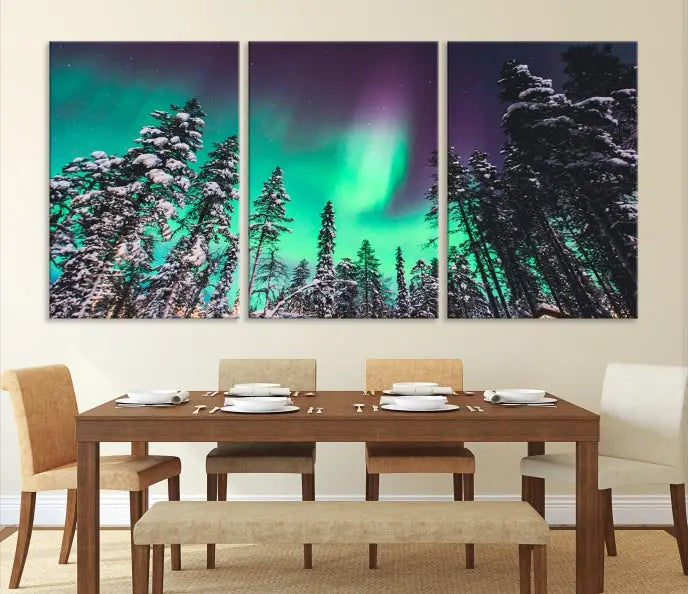 The living room is highlighted by the "Northern Lights Wall Art Canvas Print," which showcases a snowy forest scene and the northern lights above.