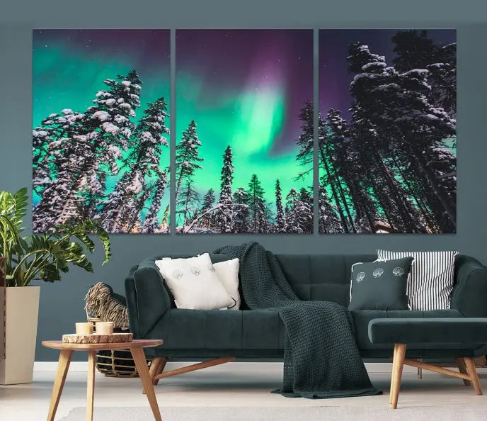 The living room is highlighted by the "Northern Lights Wall Art Canvas Print," which showcases a snowy forest scene and the northern lights above.