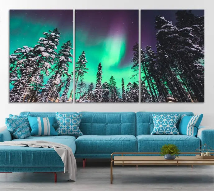 The living room is highlighted by the "Northern Lights Wall Art Canvas Print," which showcases a snowy forest scene and the northern lights above.