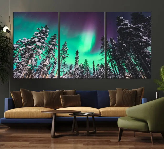 The living room is highlighted by the "Northern Lights Wall Art Canvas Print," which showcases a snowy forest scene and the northern lights above.