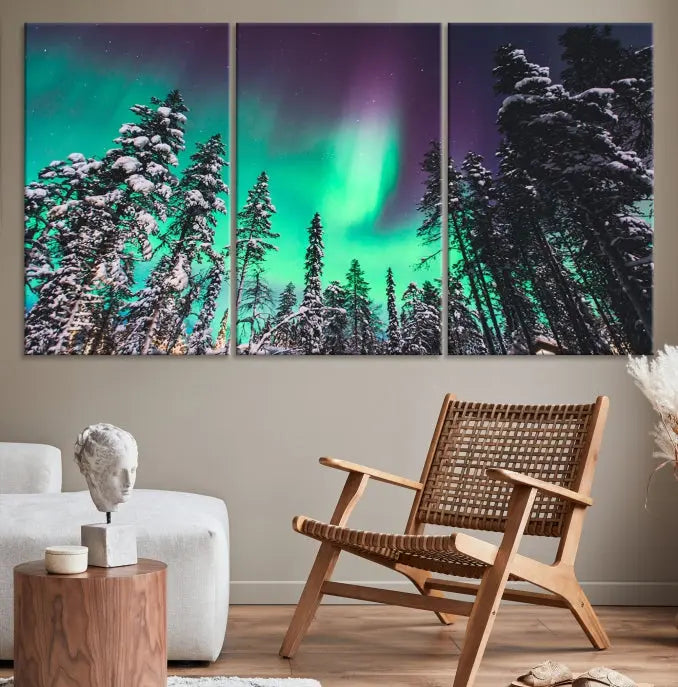 The living room is highlighted by the "Northern Lights Wall Art Canvas Print," which showcases a snowy forest scene and the northern lights above.