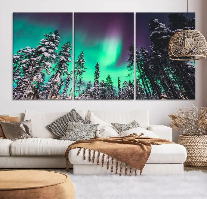 The living room is highlighted by the "Northern Lights Wall Art Canvas Print," which showcases a snowy forest scene and the northern lights above.