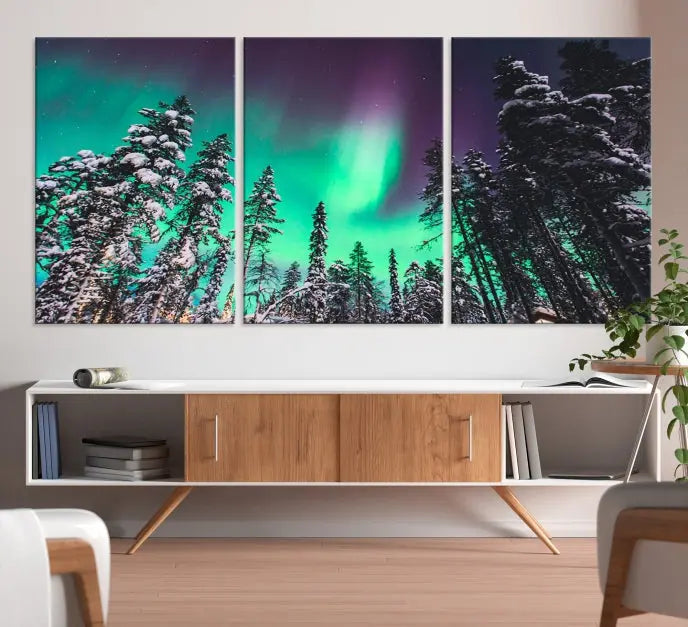 The living room is highlighted by the "Northern Lights Wall Art Canvas Print," which showcases a snowy forest scene and the northern lights above.