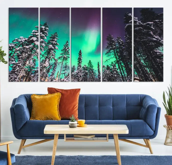 The living room is highlighted by the "Northern Lights Wall Art Canvas Print," which showcases a snowy forest scene and the northern lights above.