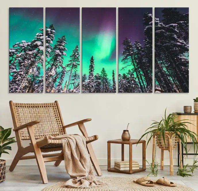 The living room is highlighted by the "Northern Lights Wall Art Canvas Print," which showcases a snowy forest scene and the northern lights above.