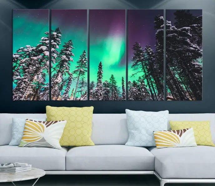 The living room is highlighted by the "Northern Lights Wall Art Canvas Print," which showcases a snowy forest scene and the northern lights above.