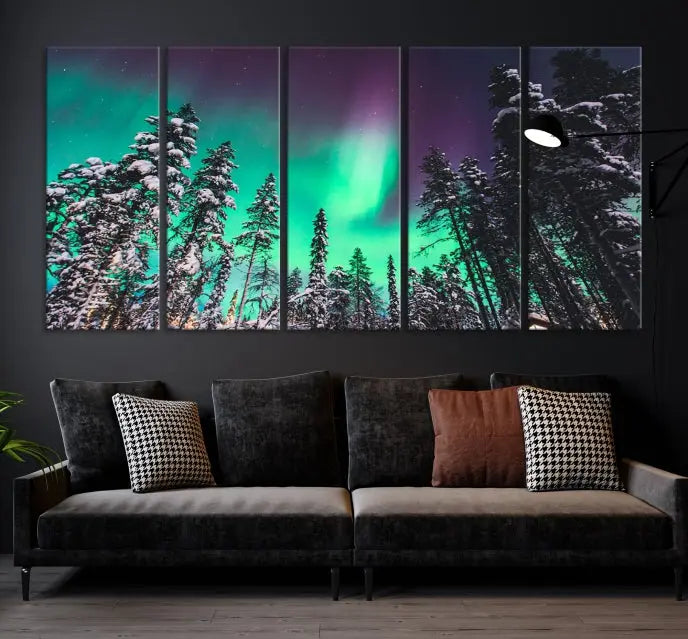 The living room is highlighted by the "Northern Lights Wall Art Canvas Print," which showcases a snowy forest scene and the northern lights above.