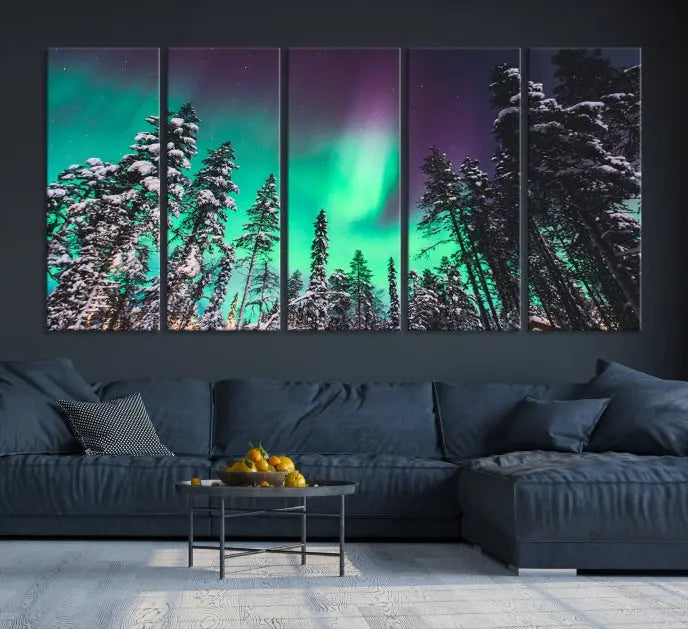 The living room is highlighted by the "Northern Lights Wall Art Canvas Print," which showcases a snowy forest scene and the northern lights above.