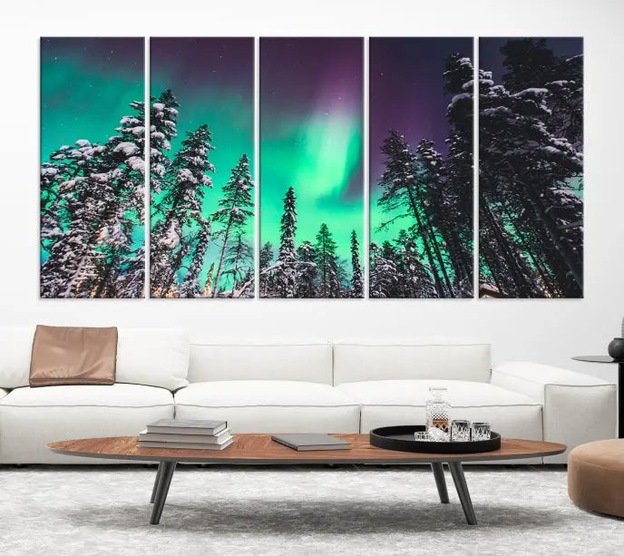 The living room is highlighted by the "Northern Lights Wall Art Canvas Print," which showcases a snowy forest scene and the northern lights above.