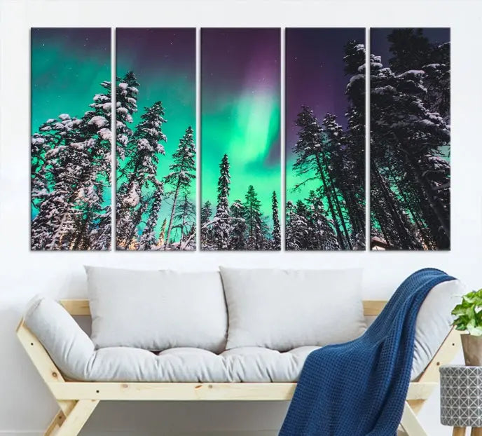 The living room is highlighted by the "Northern Lights Wall Art Canvas Print," which showcases a snowy forest scene and the northern lights above.