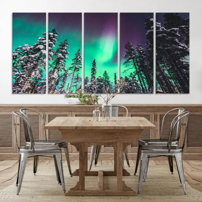 The living room is highlighted by the "Northern Lights Wall Art Canvas Print," which showcases a snowy forest scene and the northern lights above.