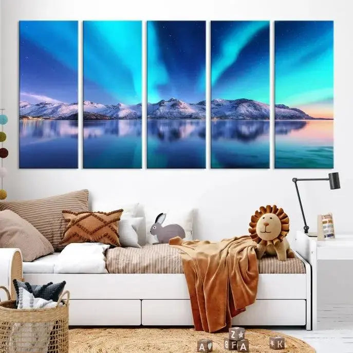 The room features the "Northern Lights above Mountain Wall Art Canvas Print," showcasing a triptych of the aurora borealis over snowy mountains and a lake. Professionally crafted frames on museum-quality canvases are highlighted in the modern decor.