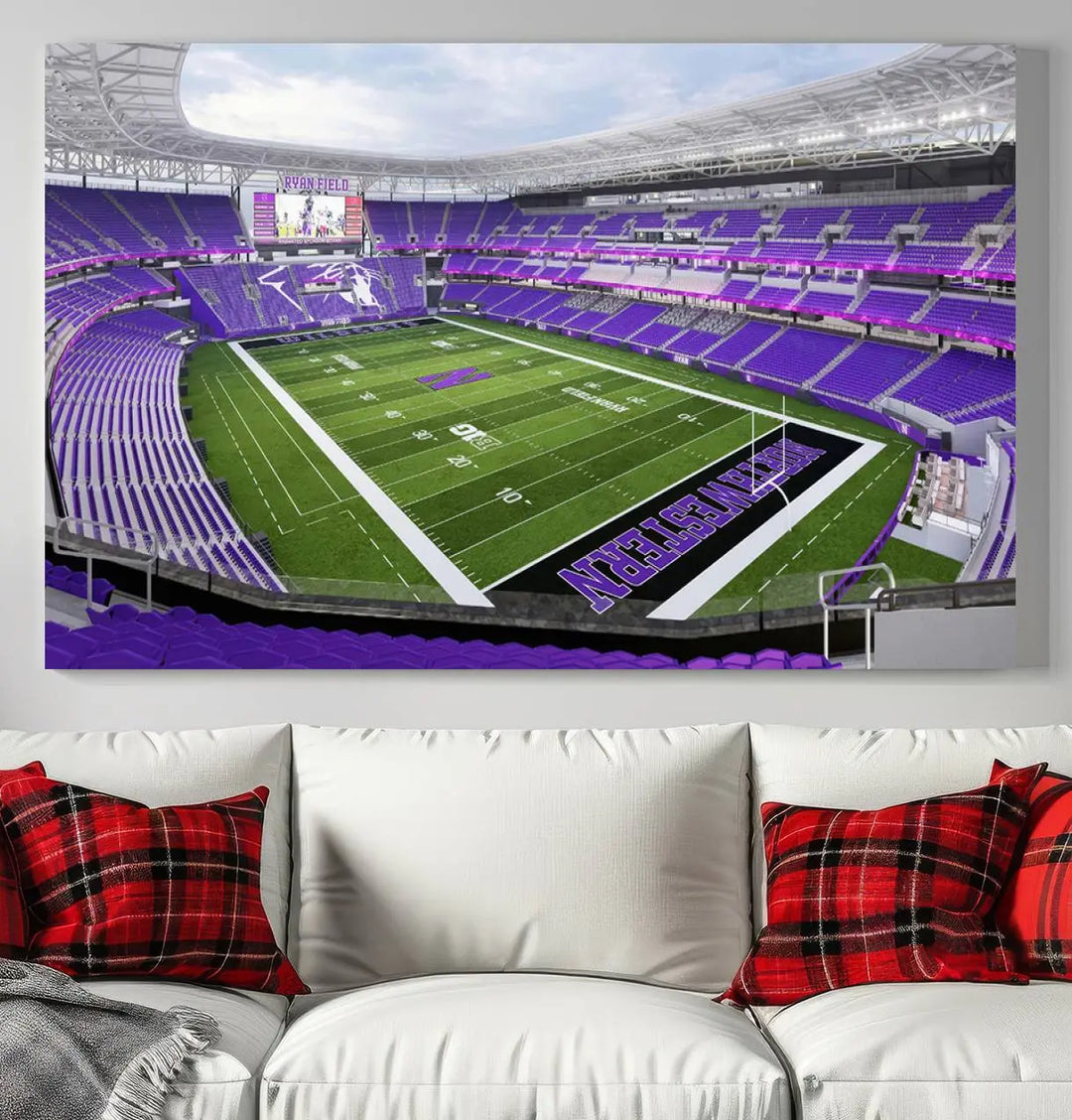 A Northwestern University Wildcats Football Team print of Evanston Ryan Field, featuring a purple-themed football stadium, elegantly hangs on the wall. This wall art boasts a gallery-quality finish on premium canvas to add sophistication to any space.