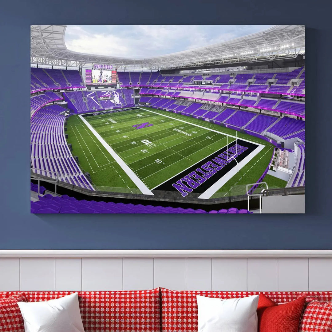 A Northwestern University Wildcats Football Team print of Evanston Ryan Field, featuring a purple-themed football stadium, elegantly hangs on the wall. This wall art boasts a gallery-quality finish on premium canvas to add sophistication to any space.